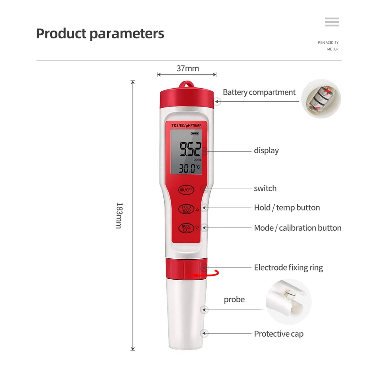 Medidor de TDS, Medidor de PH 4 en 1 PH/TDS/EC/medidor de Temperatura Monitor Digital de Calidad del Agua probador for Piscinas acuarios de Agua Potable(TDS PH Temp Tester)