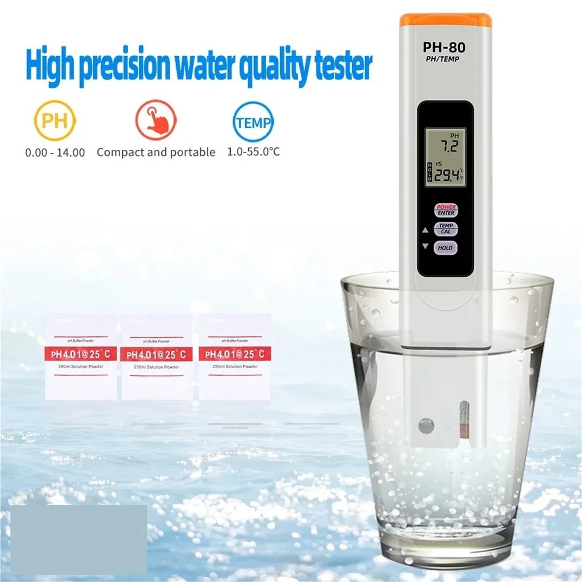 BASSFLY Probador de Agua, Medidor Digital de Temperatura y pH PH-80 con función calibración automática, comprobador Calidad del Agua, Resistente al Acuario, Piscina