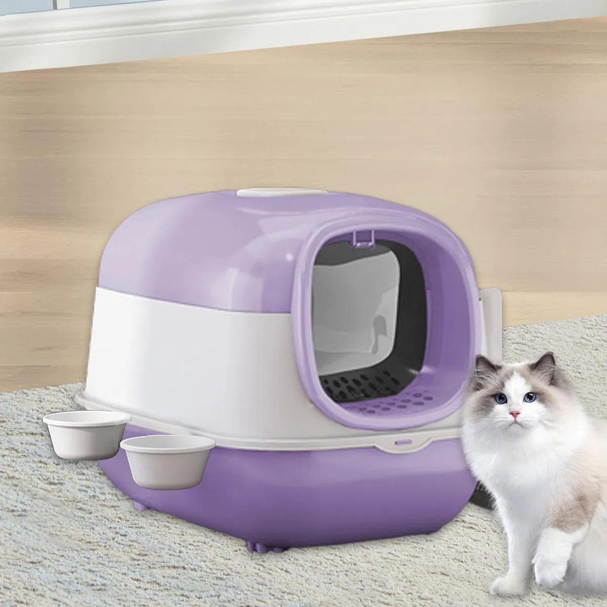 Caja de Arena para Gatos Cerrada Grande con Tapa Arenero Higiénico Baño Bandeja Cubierta Estructura de PP Robusto Desmontaje Sencillo Entrada a, PÚRPURA