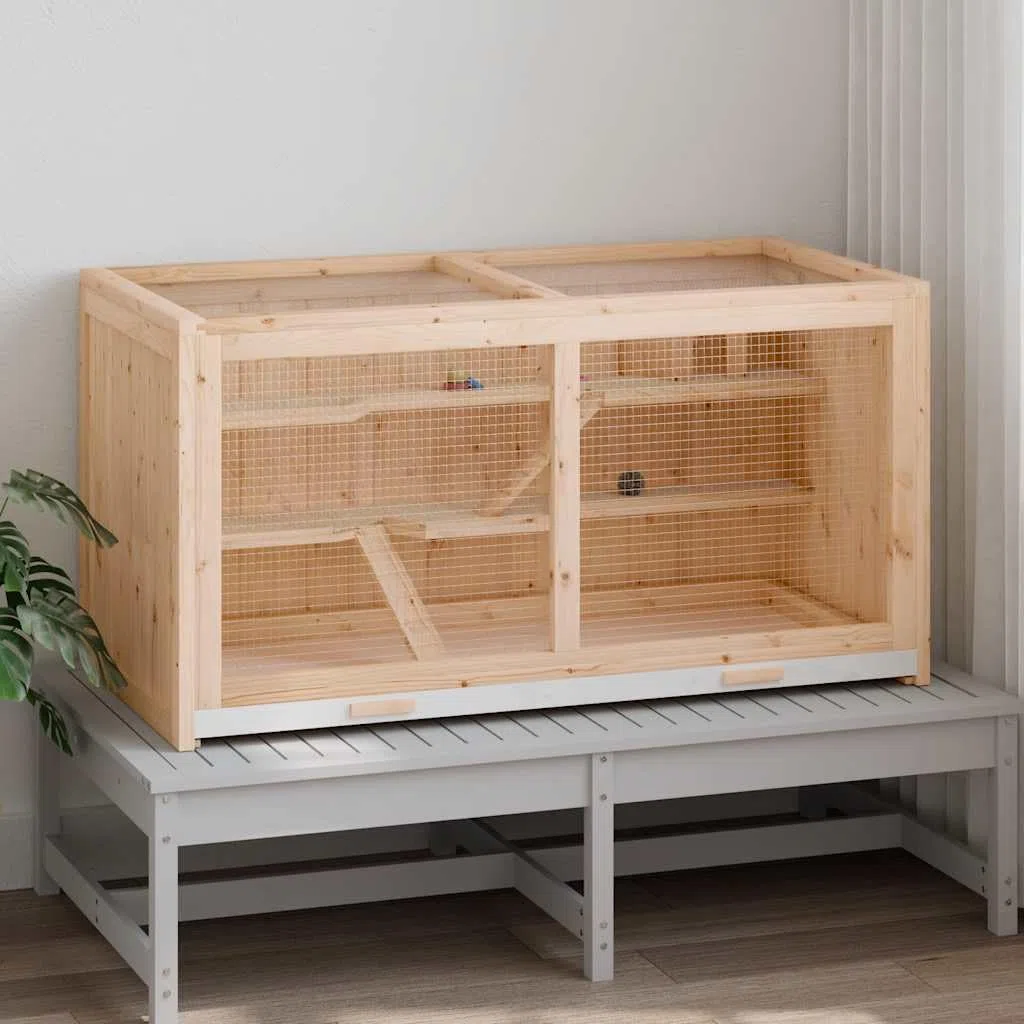 Jaula para hámster de madera de abeto, 89,5 x 45 x 45 cm | Gran casa para roedores con techo de rejilla abatible y bañera extraíble para el salón.