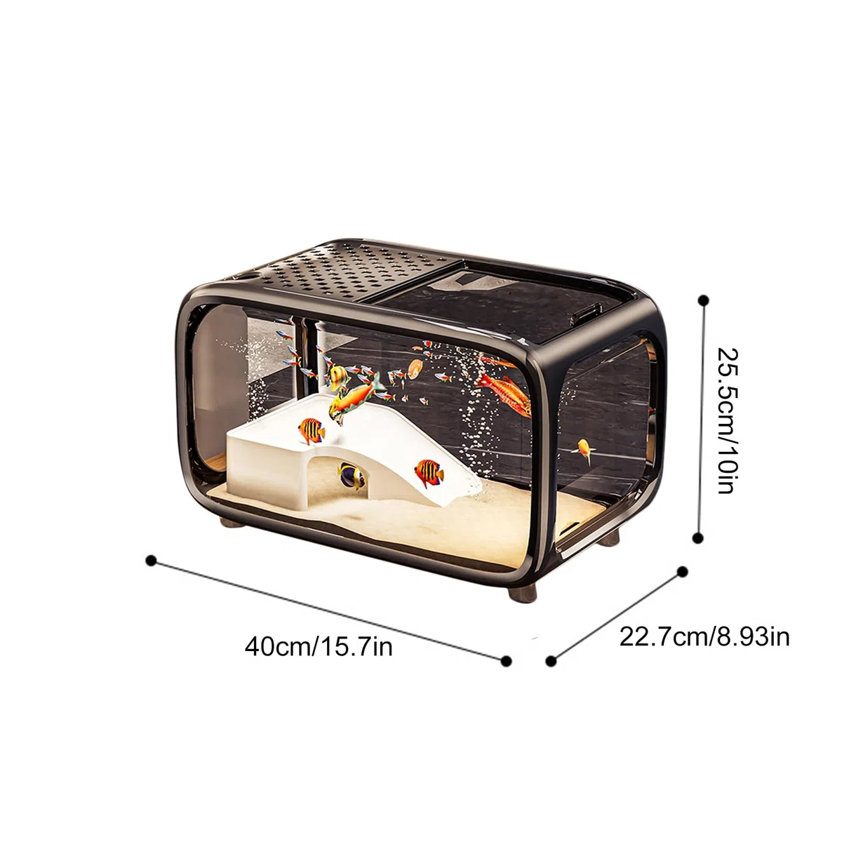 Acuario Pecera De Escritorio para Tortugas con Decoración De Escala | Recipiente De Paisaje Acrílico Transparente Con Orificio Para Alimentación Para Animales Acuáticos Como Betta
