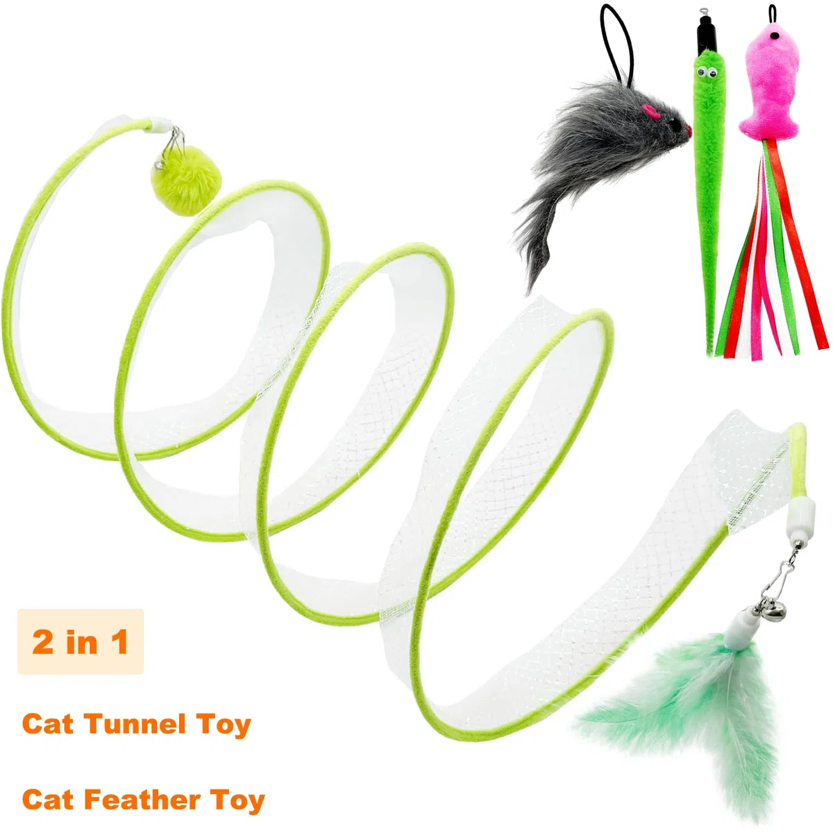 Túnel Plegable para Gatos, Juguete Plegable para Gatos con Pluma de Gato, Gusano, pez, ratón, Juguetes, recargas, Juguete Interactivo de Plumas para Gatos, túneles para Gatos de Interior (Verde)