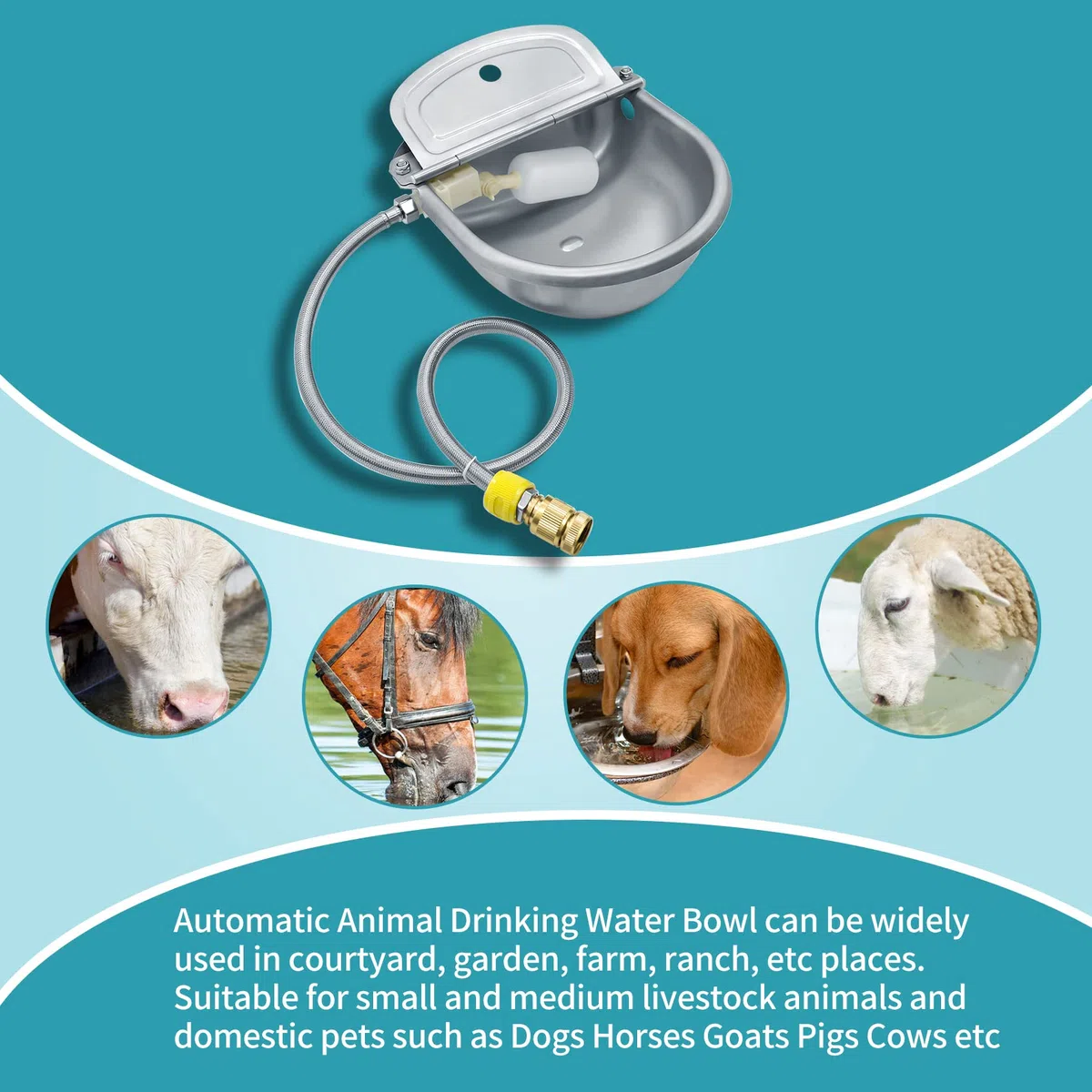Cuenco automático de agua potable para animales, de acero inoxidable 304 para perro, caballo, cabra, cerdo, vaca, dispensador de agua de ganado con manguera de tubo, 2 válvulas flotantes, conector