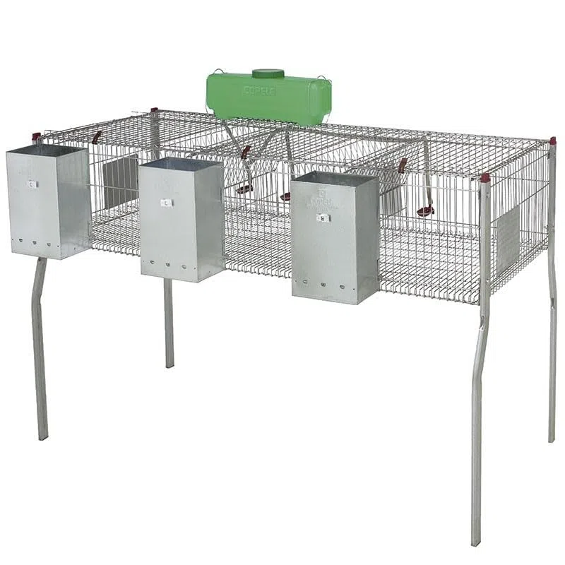 Suinga Jaula para Conejos galvanizada con tolvas y bebederos 3 departamentos, Suelo de Metal, 157x63x98 cm, Gris