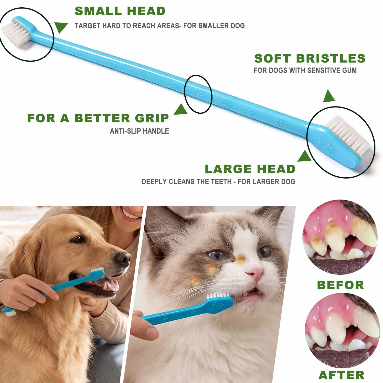 Juego de cepillos de dientes para perros, cepillos de dientes de triple cabeza, cepillo de dientes de doble cabeza, cepillos de dientes de goma para dedos, cepillos de limpieza dental