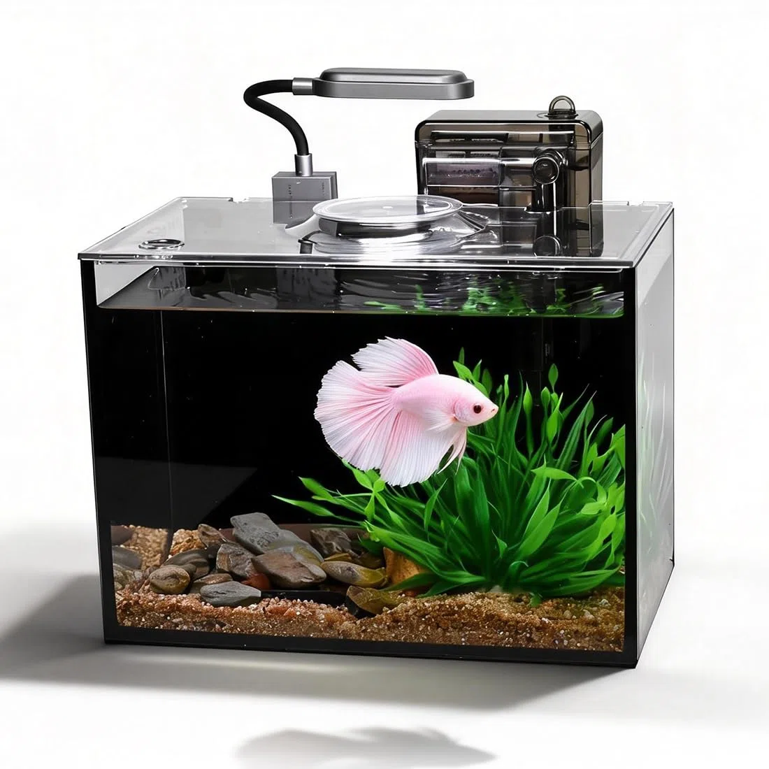 Betta - Tanque de peces, kit de iniciación de acuario, kit de pecera de 2.8 galones, acuario pequeño, acuario pequeño, nano acuario ultra transparente con luz, filtro, adoquines, arena y plantas