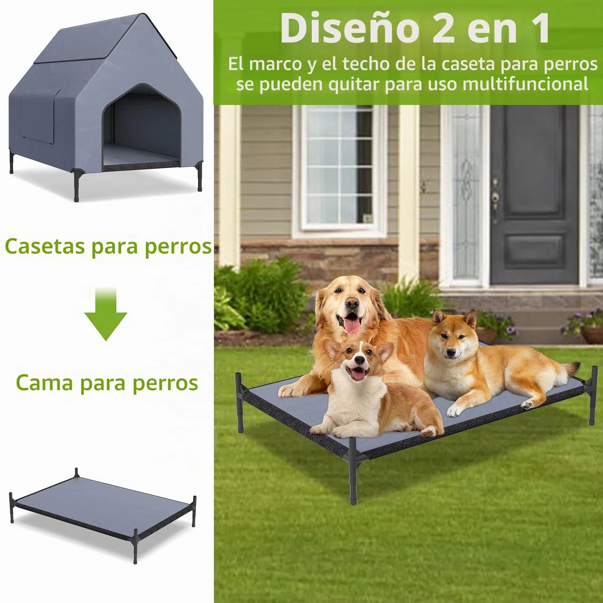 UISEBRT Cama para perros 2 en 1 cubierta y elevada con tapa extraíble, tienda de campaña para perros de exterior para perros pequeños y medianos de hasta 40 kg, ideal para jardín, 91 x 65,5 x 86,5 cm