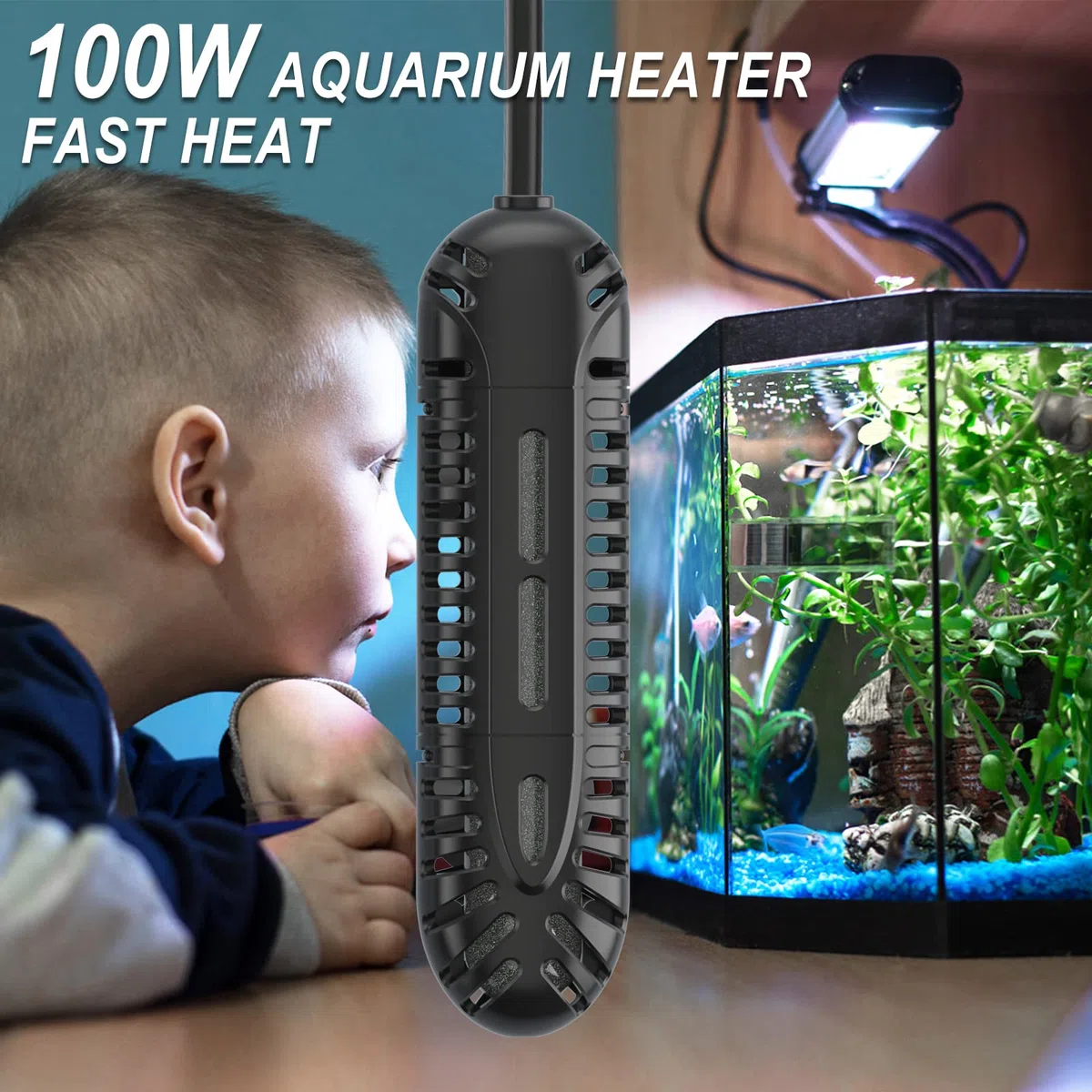 HiTauing Calentador de tanque de peces de 100 W para tanque de 10 a 20 galones, calentador de acuario de calentamiento rápido, protección de seguridad ajustable de 6 puntos, calentador de acuario