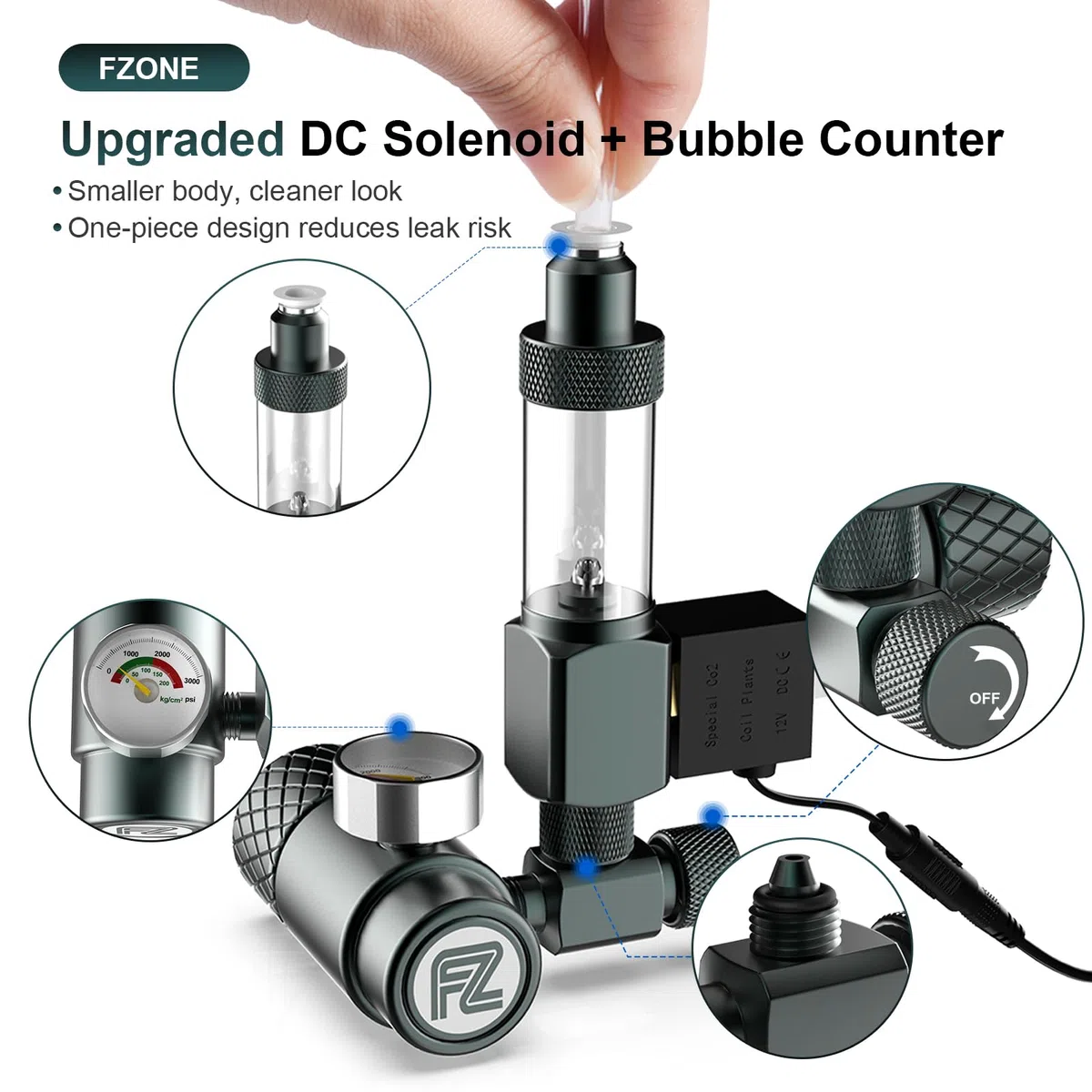 FZONE Mini Regulador de CO₂ para Acuario (W21.8) Kit, Sistema Compacto de CO₂ con Difusor, Electroválvula DC Mejorada, Contador de Burbujas y Válvula Antirretorno para Acuarios Plantados