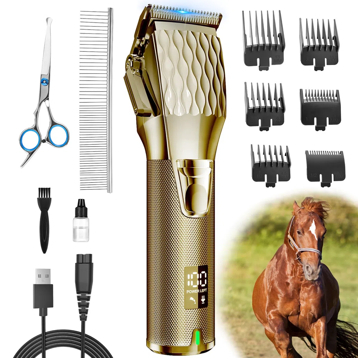 Cortapelos de caballos, kit de aseo inalámbrico con batería de 2500 mAh, máquina de corte corporal resistente de bajo ruido con pantalla LED para caballo, ganado, gato, perro con pelaje grueso