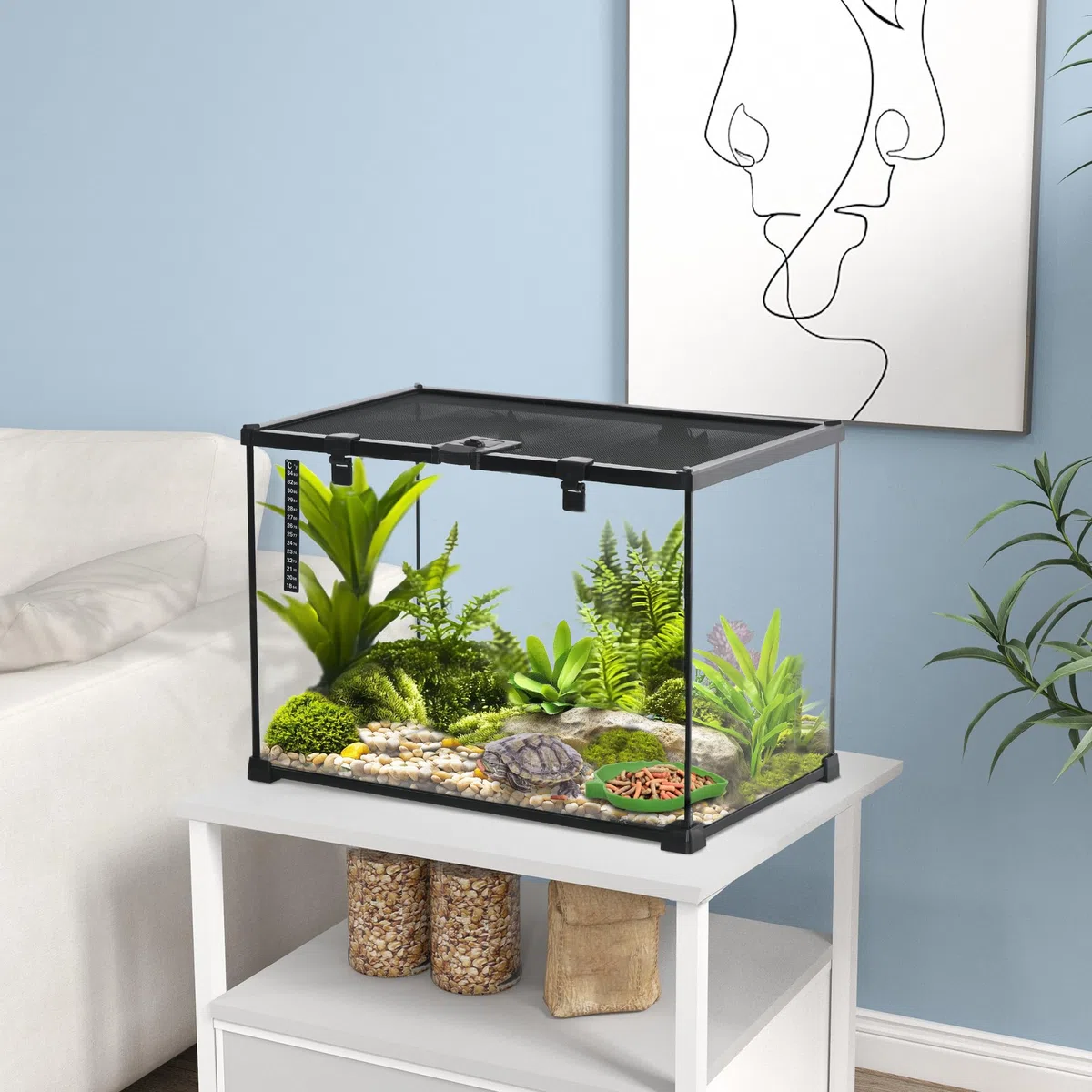 PawHut Caja de Reptiles para Reptiles, terrario, Transparente, Tapa Deslizante, Rejilla metálica, dispensador de Agua, termómetro, Incluye Cristal, Metal, 50 x 30 x 35 cm, Color Negro