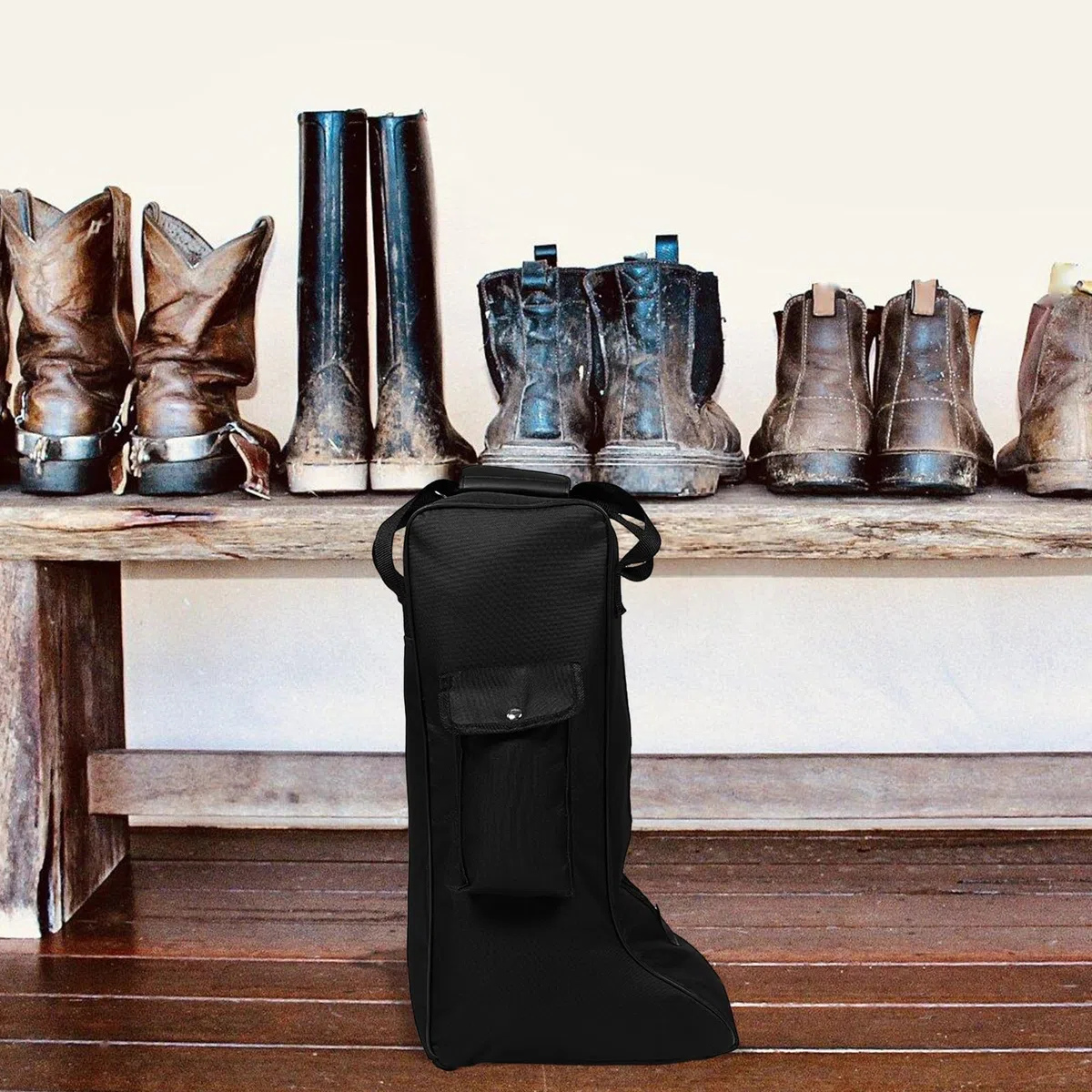 Bolsa Negra Oxford de Botas de Tela Equitación para Altas Bolsillo Frontal