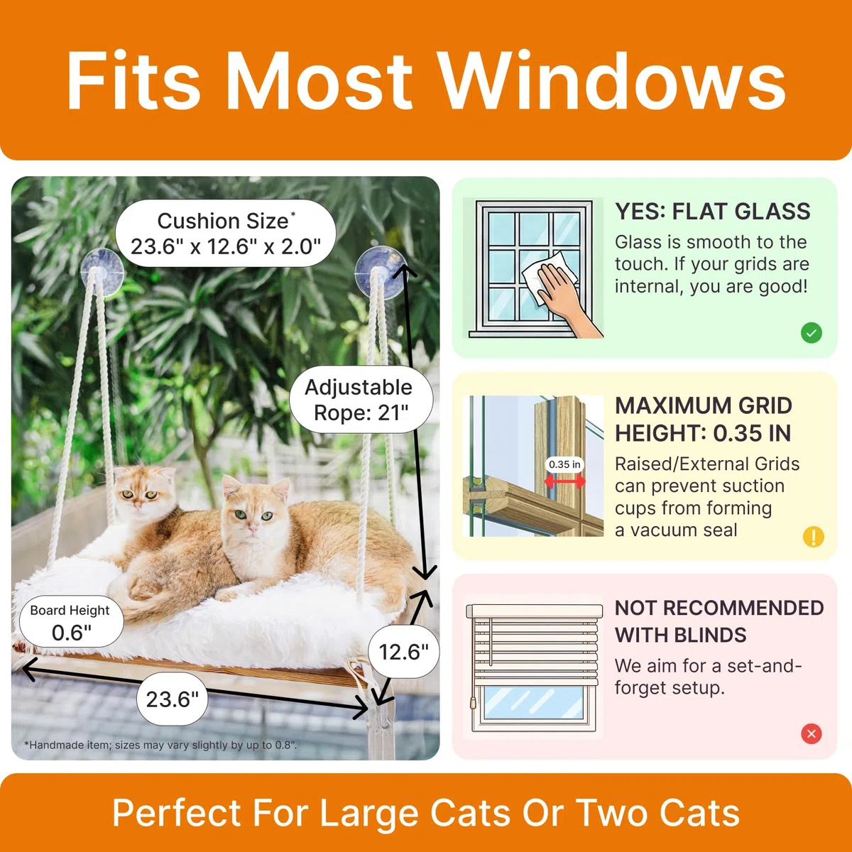 Percha de Ventana para Gatos Grandes, Hamaca para Gatos Pesados de Interior, Asiento de Madera Maciza, 5 ventosas Fuertes, cojín Suave, Estante rústico para Mascotas en el Interior
