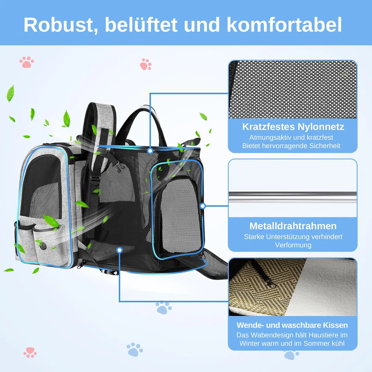 Mochila transportadora para Gatos, portátil Transpirable, Mochila Plegable para Transportar Mascotas, para Gatos y Perros medianos y pequeños, transportadora para, Gris | Ventana de malla transpirable, hasta 8 kg, 30 x 24 x 36 cm, para paseos diarios, sen