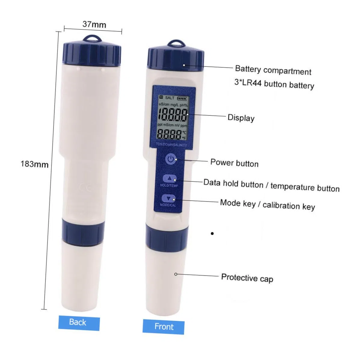 Medidor Digital de Salinidad y Ph para Acuicultura Sonda de Alta Sensibilidad y Carcasa de Plástico, Incluye 3 Baterías Lr44 para Laboratorios de Agua