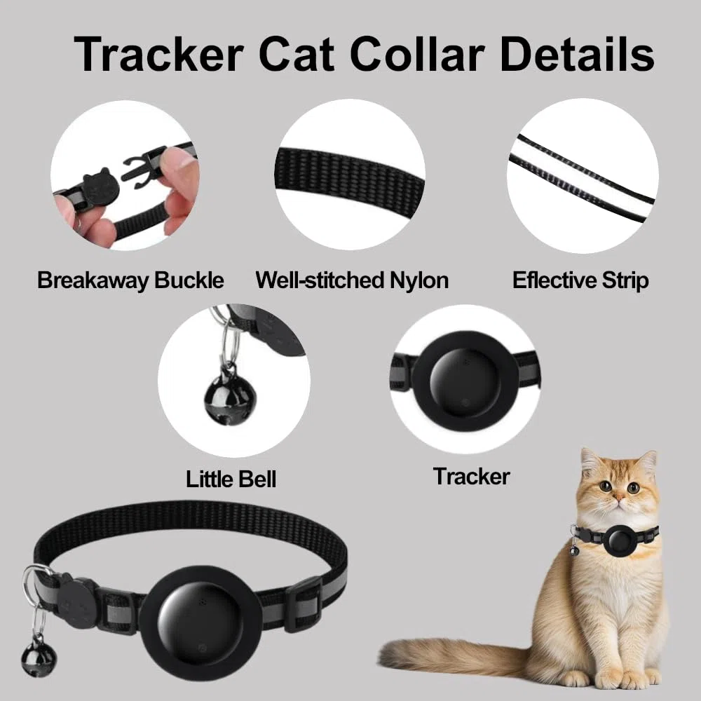 Collar de rastreo para gatos, collar de gato con etiqueta de buscador (solo iOS), compatible con Apple Find My, sin tarifa mensual, collar de gato impermeable con patrón reflectante y rosa campana