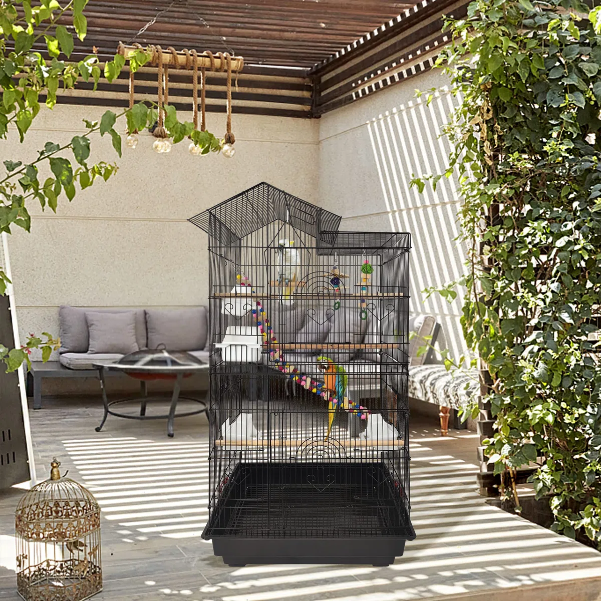 Aufun Jaula para loros de metal con juguetes para pájaros, 46 x 36 x 99 cm