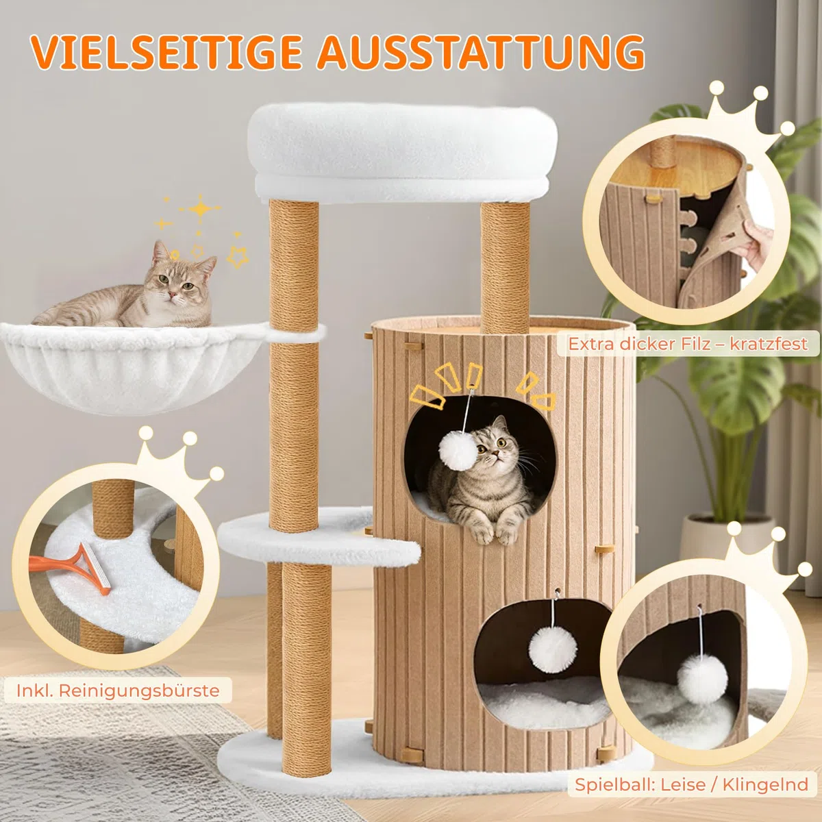 Árbol rascador de alta calidad con 2 barriles para gatos, árbol para gatos y plataformas grandes | Troncos de sisal, rampa rascadora, casa de gatos, bolas de peluche y cepillo para gatos grandes