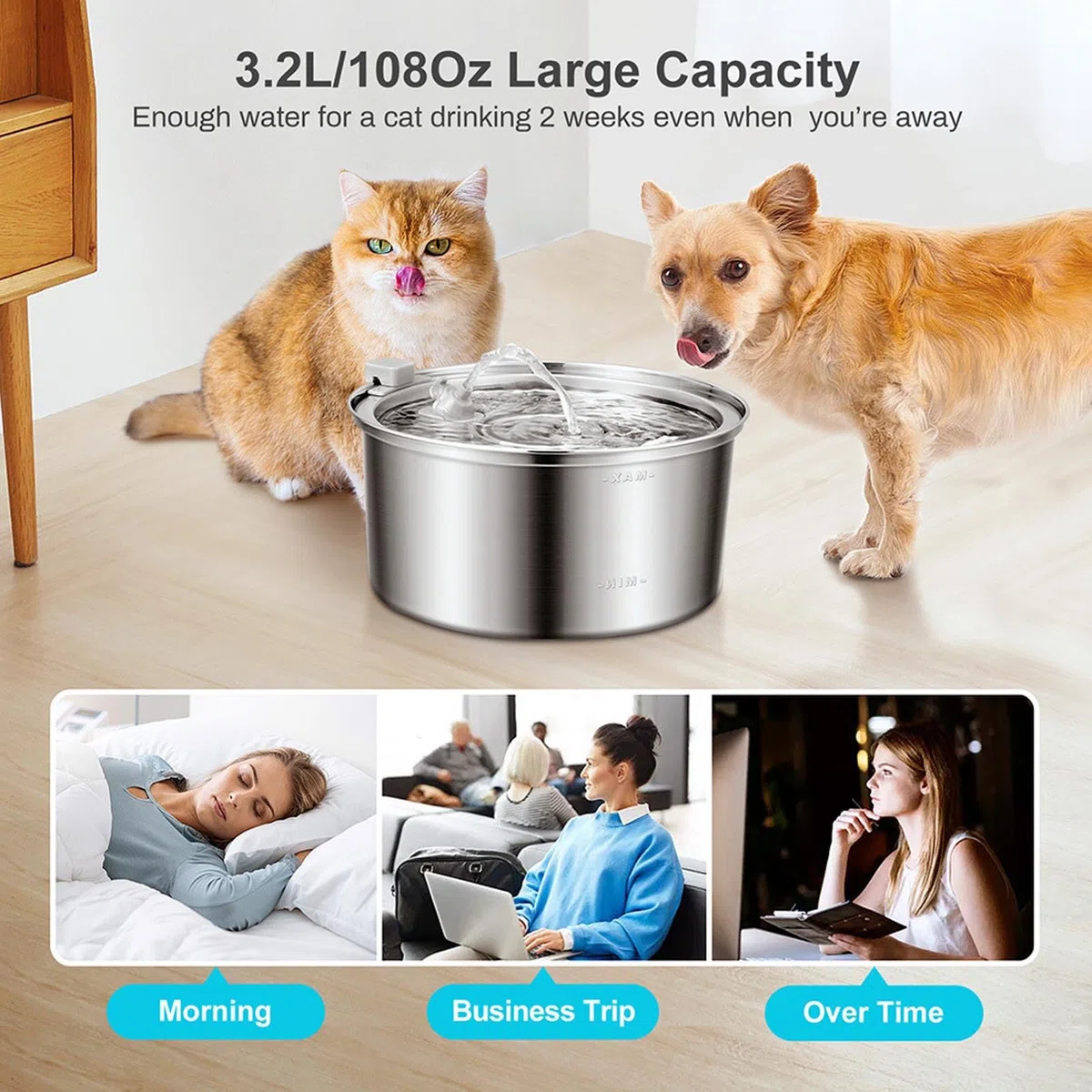 Fuente de Agua de Gato, Cuenco de Agua de Acero Inoxidable de 3.2L Fundina Tazón para Mascotas, Circulación Automática, para Perros Pequeños Gatitos Grandes