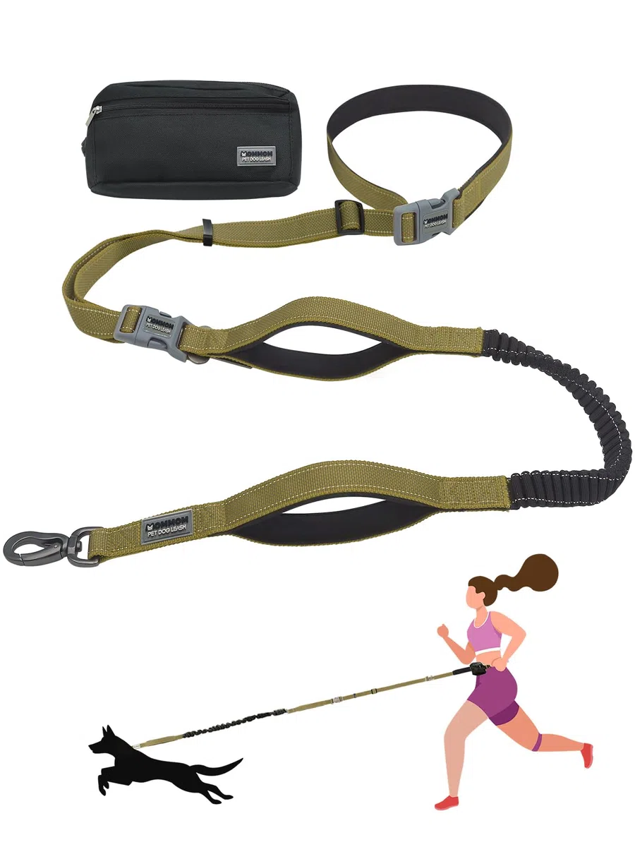Correa para perro manos libres con bolsa con cremallera y cinturón de cintura, correa elástica reflectante duradera con asas acolchadas dobles para caminar, trotar y correr, se adapta a perros