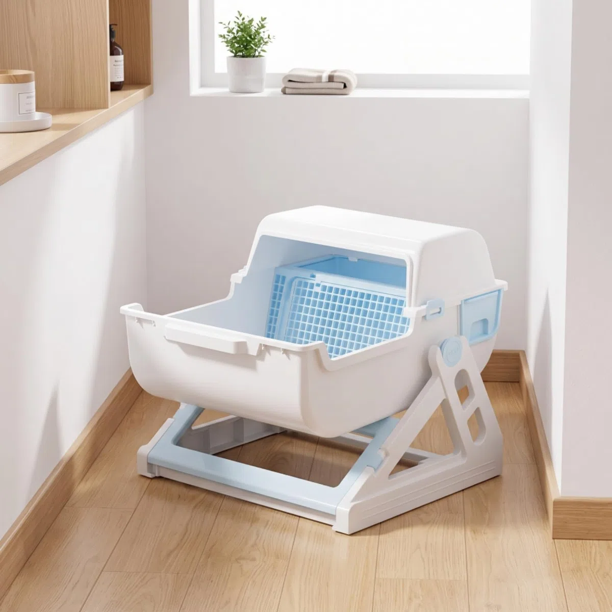 Arenero Semiautomático Amplio Arenero con Rejilla Separación Resistente Caja Semicerrada para s, Casa, Gris Blanco