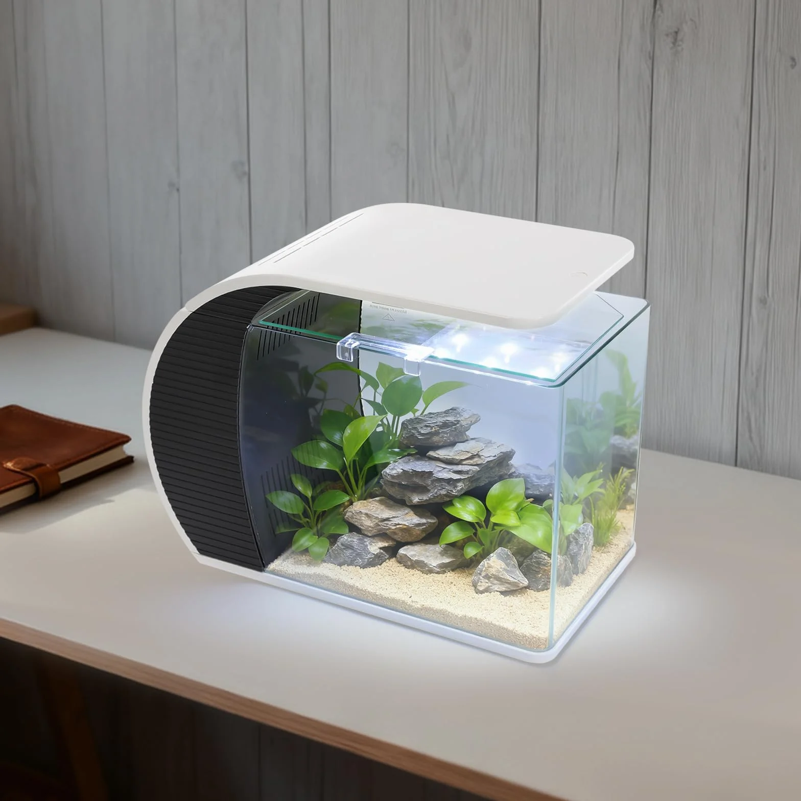 Acuario pequeño de cristal con iluminación LED de 19 litros | Adecuado para mantener guppies, peces pequeños y plantas acuáticas en el dormitorio u oficina