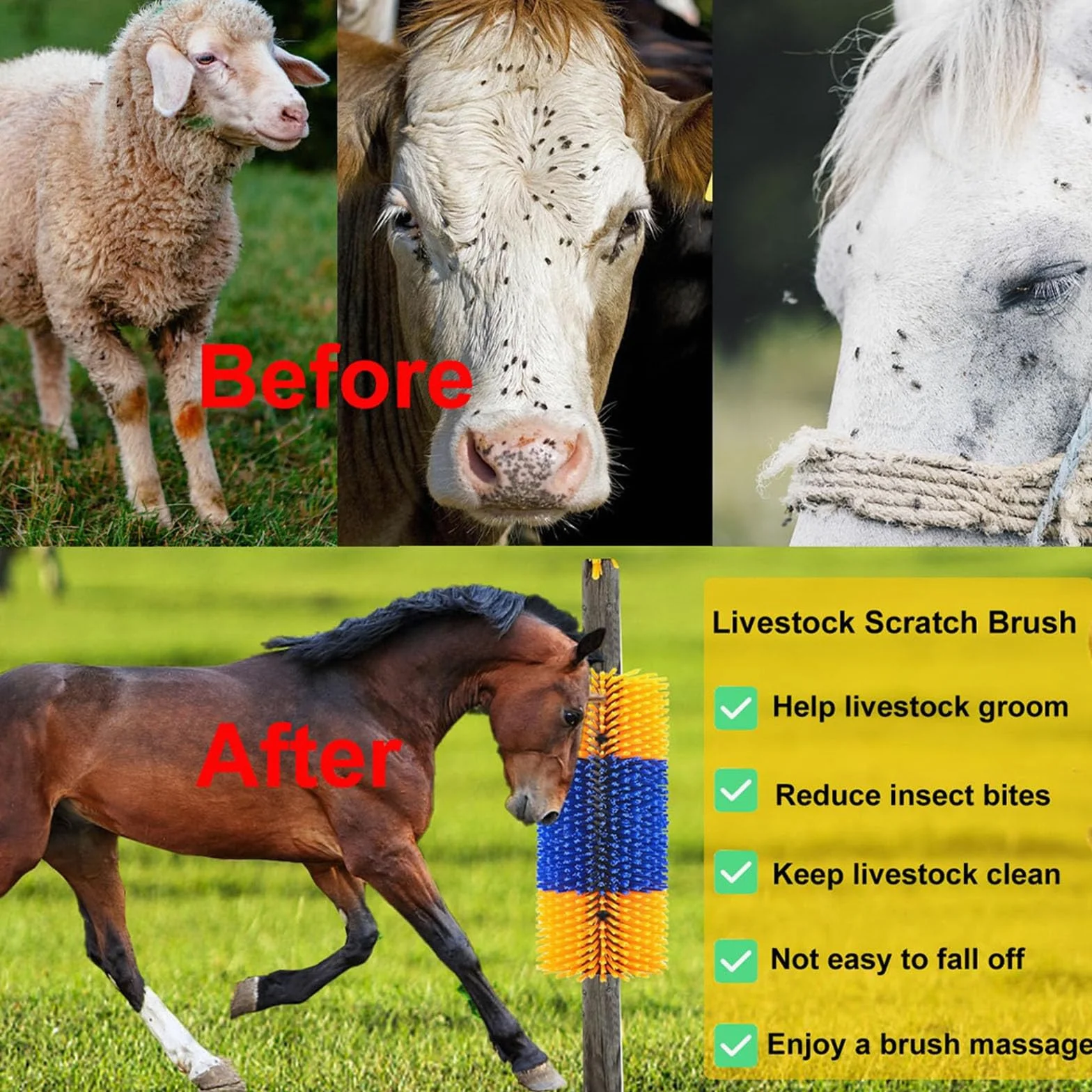 Rascadores para ganado de caballos, almohadilla para rascar caballos, cepillo de masaje para caballos, cepillo para ganado con 4 tornillos para cabra, ayuda para rascar animales para caballo