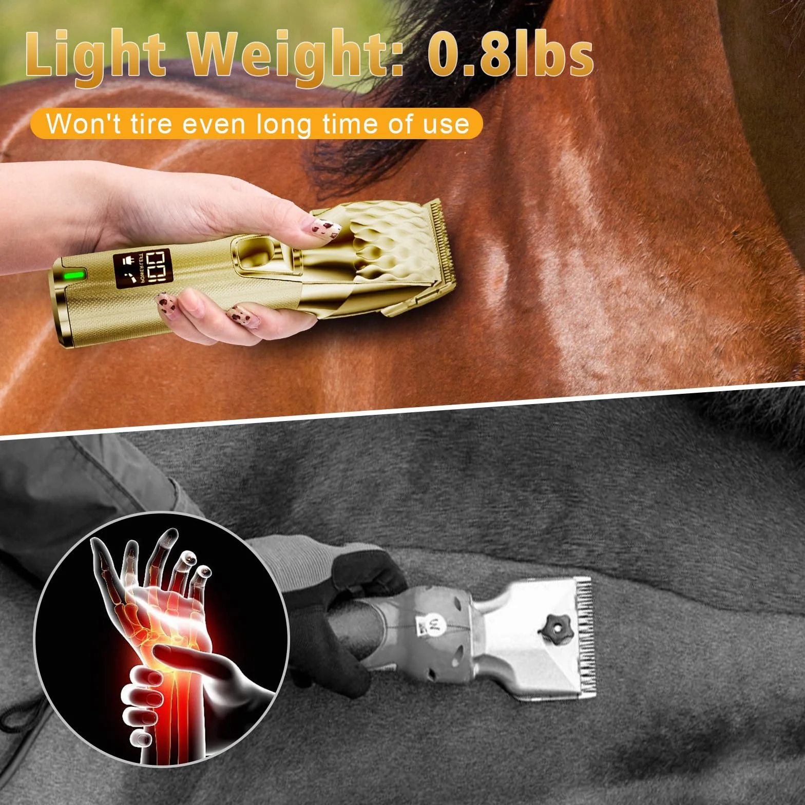 Cortapelos de caballos, kit de aseo inalámbrico con batería de 2500 mAh, máquina de corte corporal resistente de bajo ruido con pantalla LED para caballo, ganado, gato, perro con pelaje grueso