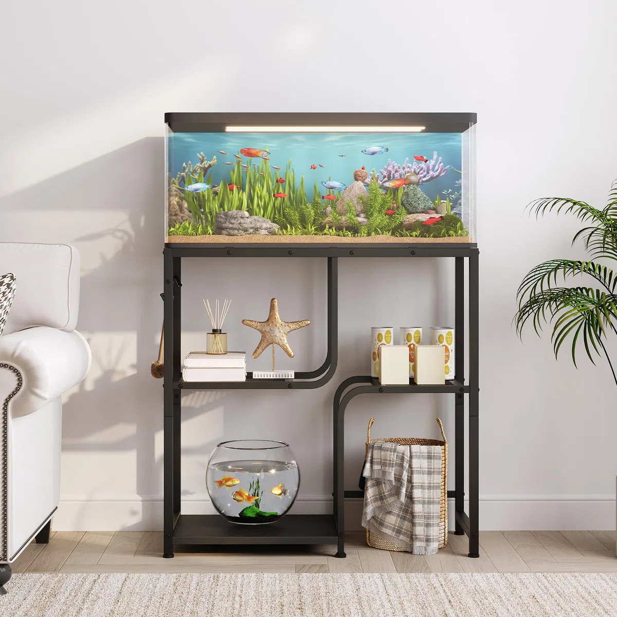HOOBRO Soporte para Acuarios 76 litros, Base para Terrarios con Barra, 3 Ganchos, 6 Patas Ajustables, 2 Rejillas y 1 Estante, Soporte de Pecera para Sala, Recibidor o Dormitorio, Negro EBB74FT01