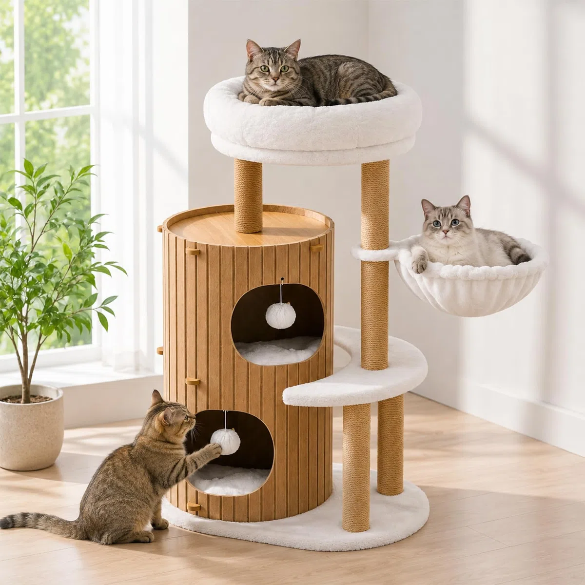 Árbol rascador de alta calidad con 2 barriles para gatos, árbol para gatos y plataformas grandes | Troncos de sisal, rampa rascadora, casa de gatos, bolas de peluche y cepillo para gatos grandes