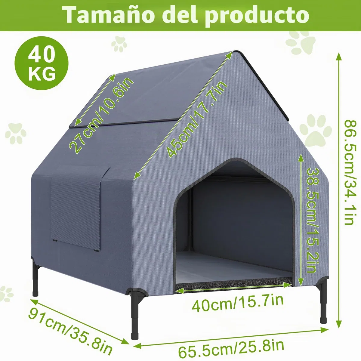 UISEBRT Cama para perros 2 en 1 cubierta y elevada con tapa extraíble, tienda de campaña para perros de exterior para perros pequeños y medianos de hasta 40 kg, ideal para jardín, 91 x 65,5 x 86,5 cm
