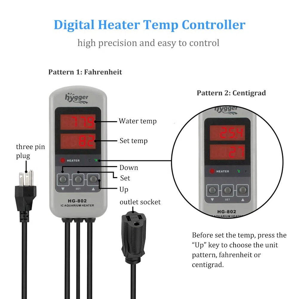 hygger Calentador de acuario de titanio de 200 W para agua salada y agua dulce, calentador sumergible digital con controlador de termostato IC externo y termómetro, para pecera de 20-45 galones