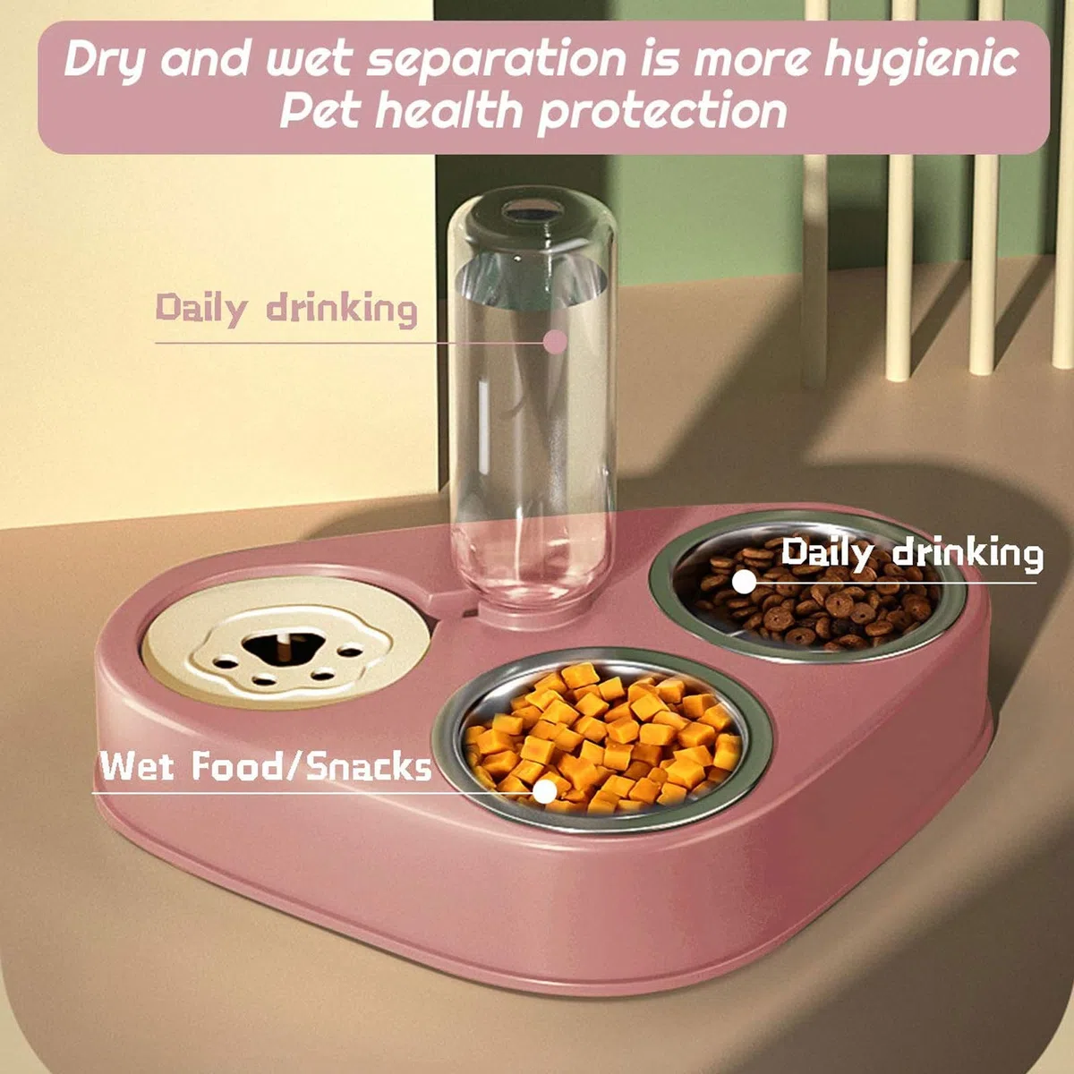 Comedero for Gatos de Acero Inoxidable 3 en 1, Doble, con depósito automático Agua for Perros y(Pink)