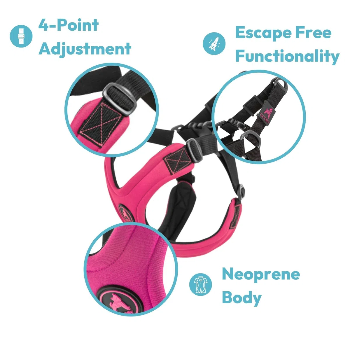 Gooby Escape Free Arnés Deportivo para Perros pequeños de Neopreno sin tirones, Ajuste de 4 Puntos, para Perros de hasta 16 kg, Negro, Talla M