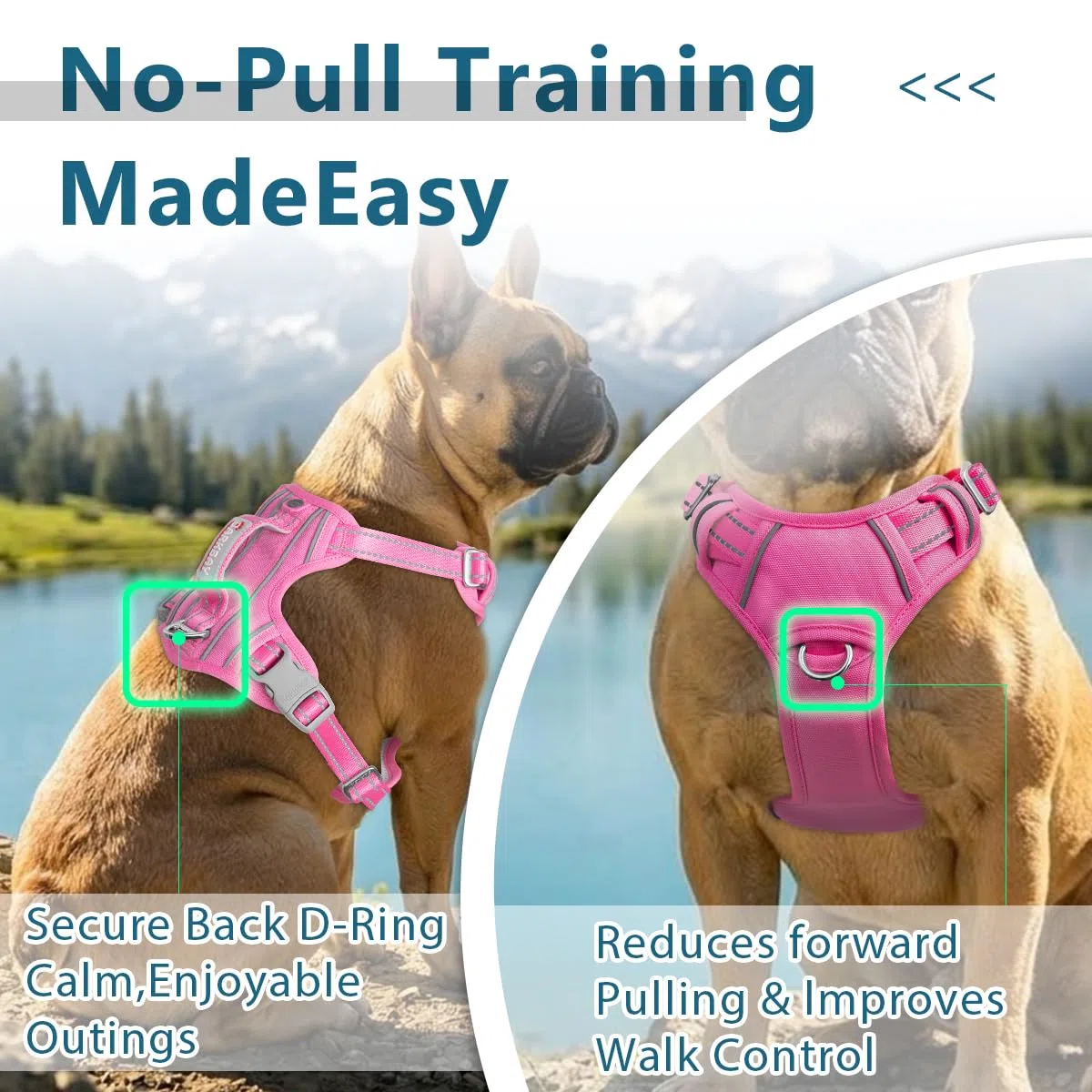 BARKBAY Arnés antitirones con Clip Frontal para Perro, Resistente, Reflectante, asa de fácil Control para pasear Perros Grandes, Bolsillo para Etiqueta de identificación (Rosa, L)