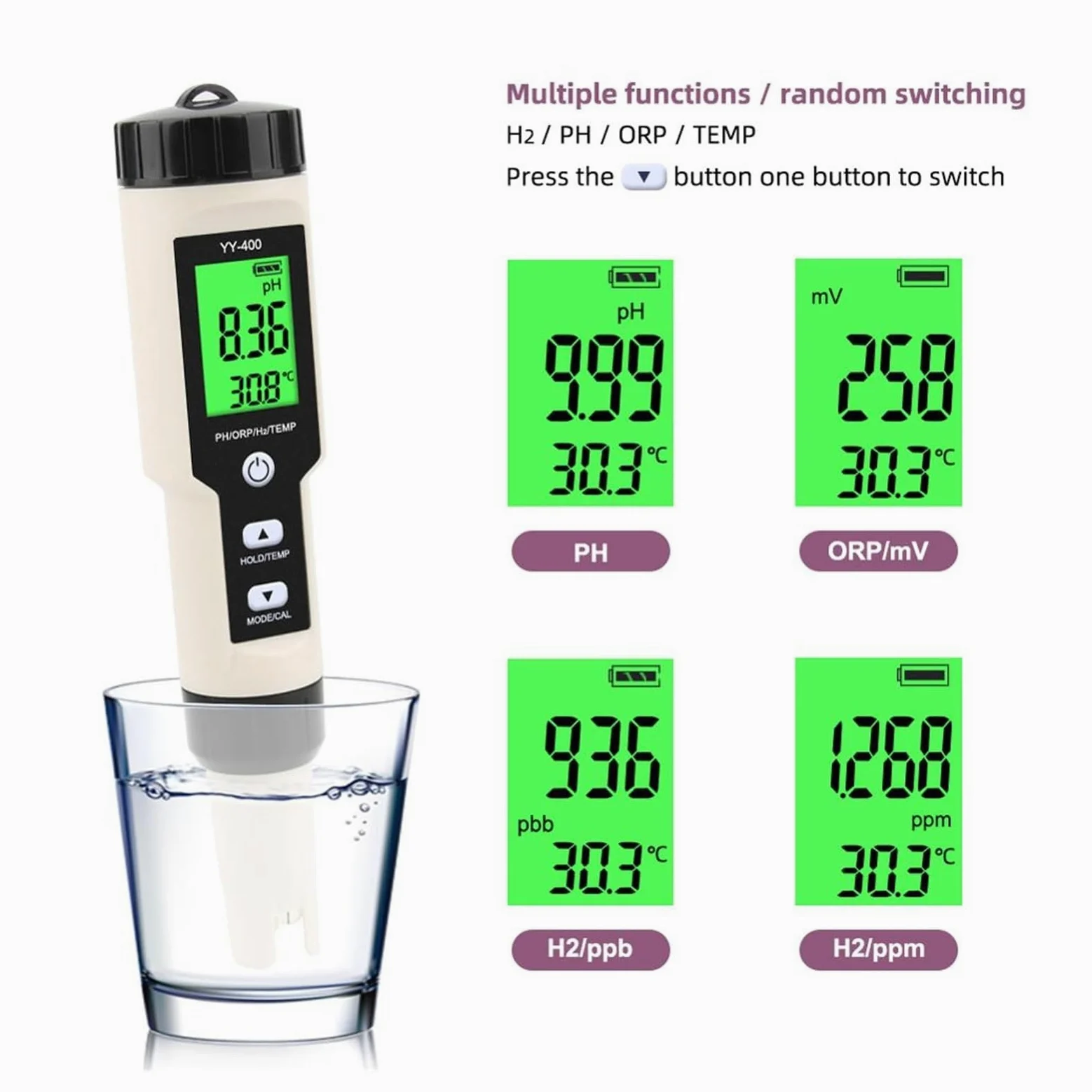 Medidor Agua 4 En 1 H2/PH/ORP/Temp Meter Digital Water Quality Monitor Tester For Piscinas Agua Potable, Acuarios Multiusos Preciso Fácil(YY-400N)
