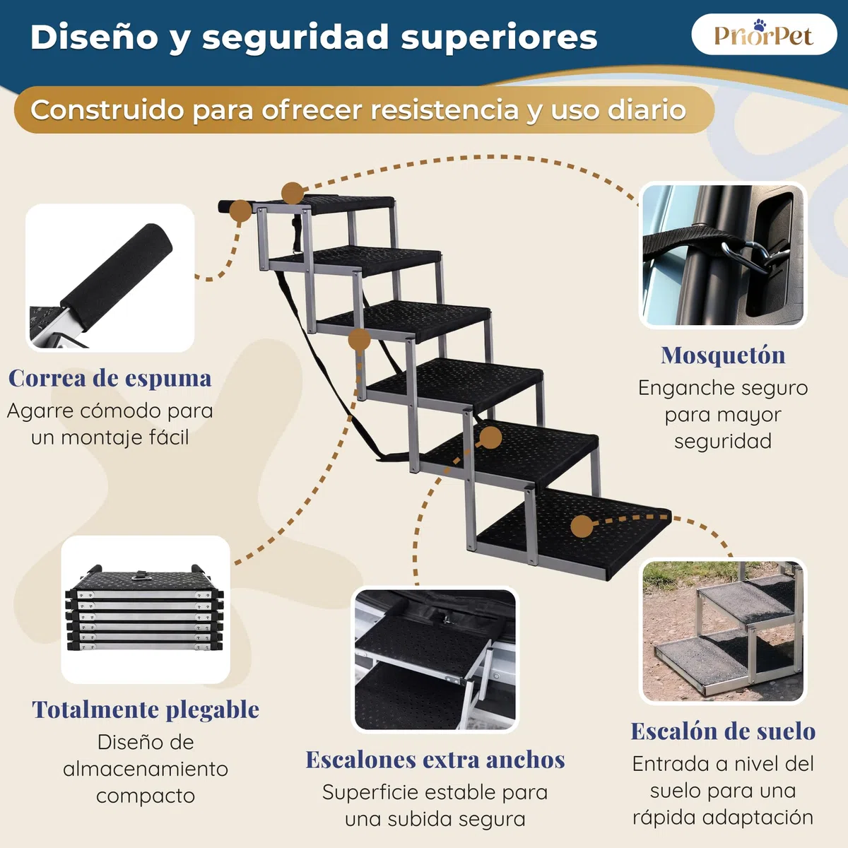 Escalera para Perros Coche Plegable – 4, 5 o 6 Peldaños para Maleteros Bajos y Altos (63–81 cm) – para Coches Pequeños, Familiares & SUV – Alternativa a Rampa para Perros