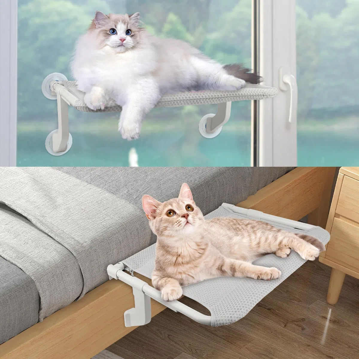 2 en 1 Hamaca Gatos Ventana Plegable Soporta hasta 25 kg Cama Gatos Ventana con Ventosas y Ganchos 53.5x39.5 cm Hamaca Ventana Gato para Interior Exterior, Fácil Instalación - Gris