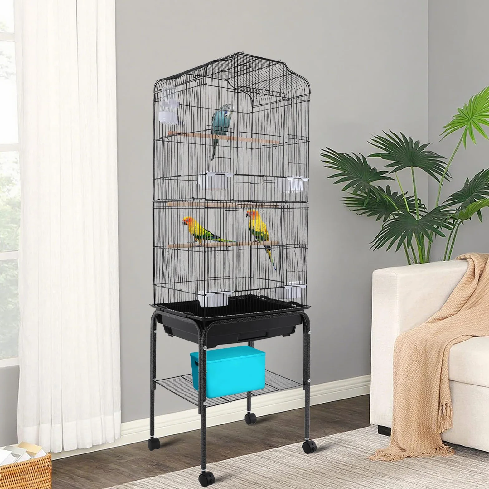 Jaula grande para pájaros con ruedas, para periquitos y loros, con soporte y bandeja de almacenamiento, de metal, con bandeja extensible, 137,5 cm de alto, color negro