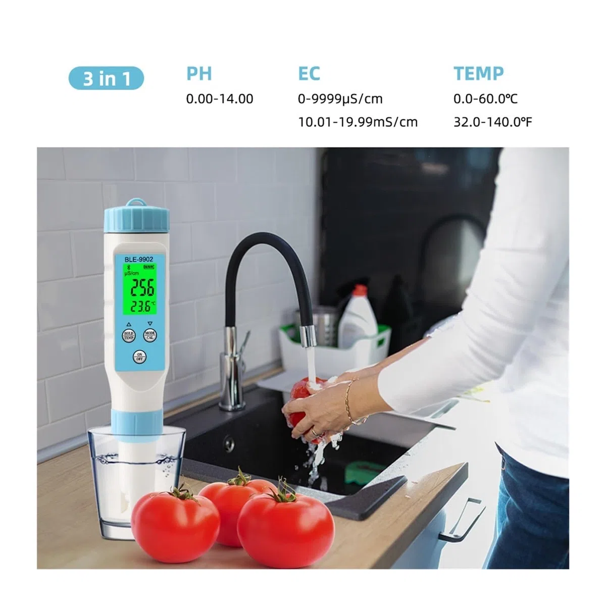 Analizador de TDS para Agua, PH EC TDS Temp Salinity Meter Digital Drinking Water Quality Tester Smart Online Monitor App Control For Aquarium Pool Análisis de Agua Potable(PH EC TDS Temp)