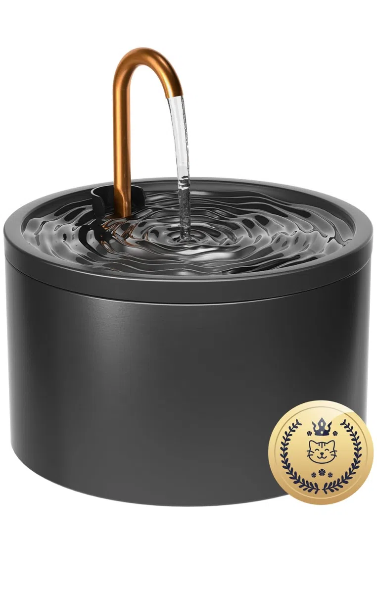 MISFANS Fuente de Cerámica para Gatos 2,1 L con Tubo de Cobre, Bebedero Automático Silencioso para Gatos, Dispensador de Agua con Doble Sistema de Filtración, Higiénico y Fácil de Limpiar, Negro