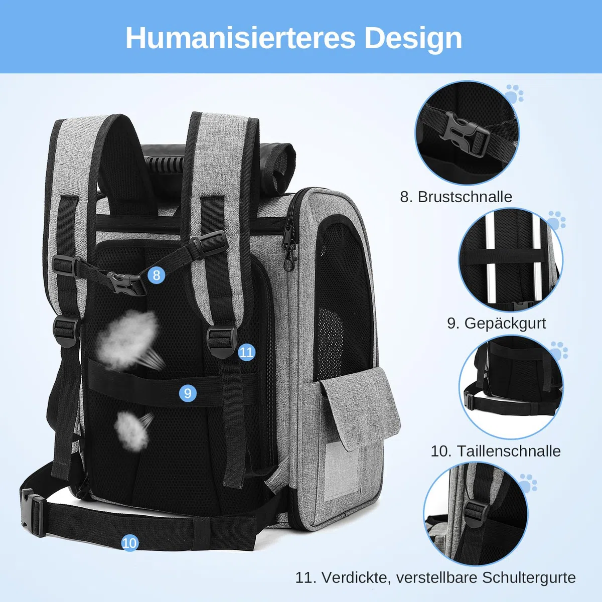 Mochila transportadora para Gatos, portátil Transpirable, Mochila Plegable para Transportar Mascotas, para Gatos y Perros medianos y pequeños, transportadora para, Gris | Ventana de malla transpirable, hasta 8 kg, 30 x 24 x 36 cm, para paseos diarios, sen