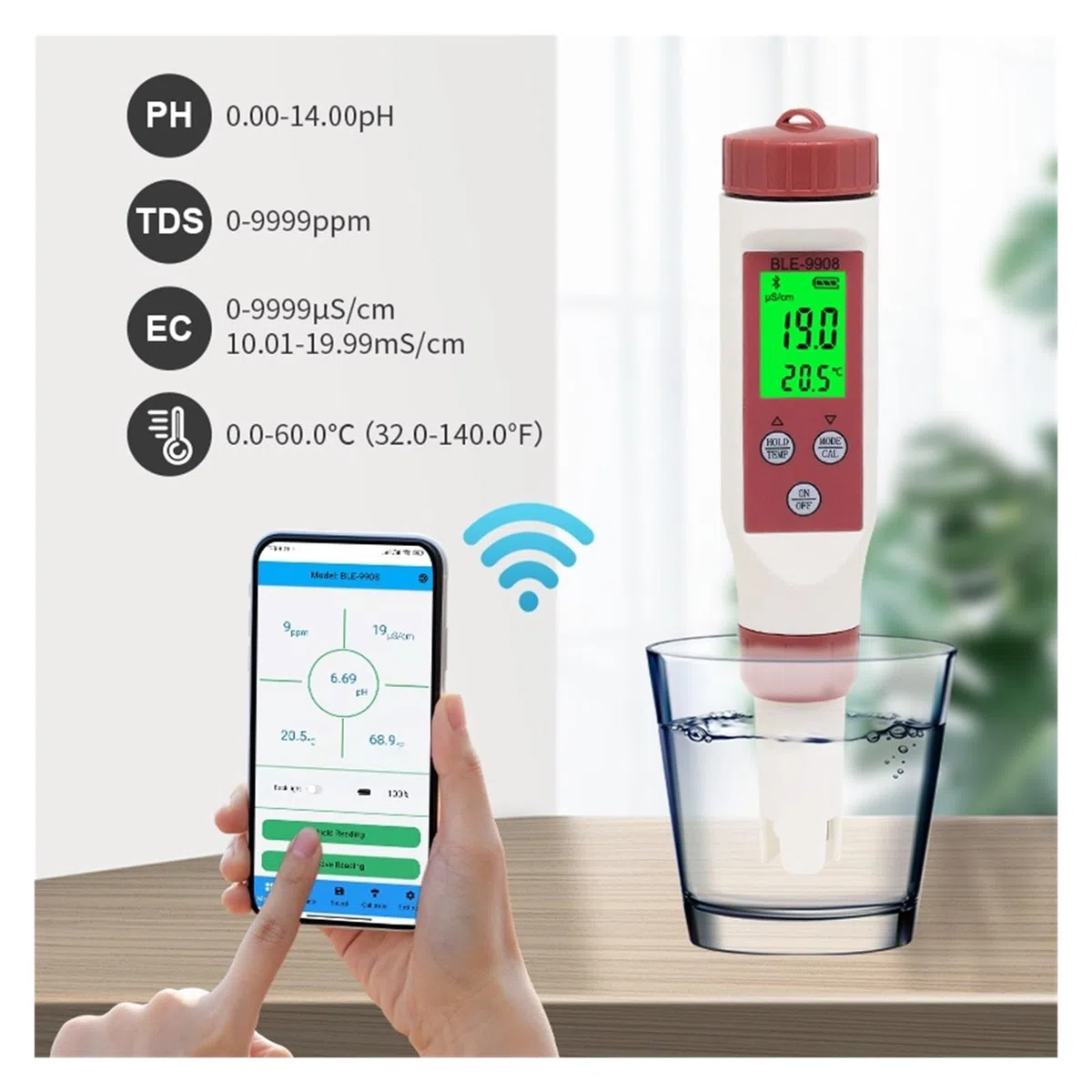 Medidor Agua 3/4/5/7 En 1 Medidor De PH Bluetooth TDS/EC/ORP/salinidad/SG/Herramienta Temperatura Monitor Calidad del Agua Digital Probador For Acuario Multiusos Preciso Fácil(BLE-9909)