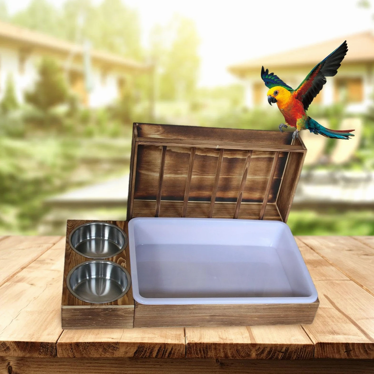 Comedero para conejos de madera con bandeja de arena para gatos, cuencos, bandeja de agua para chinchillas, bandeja de arena para gatos, comedero para heno