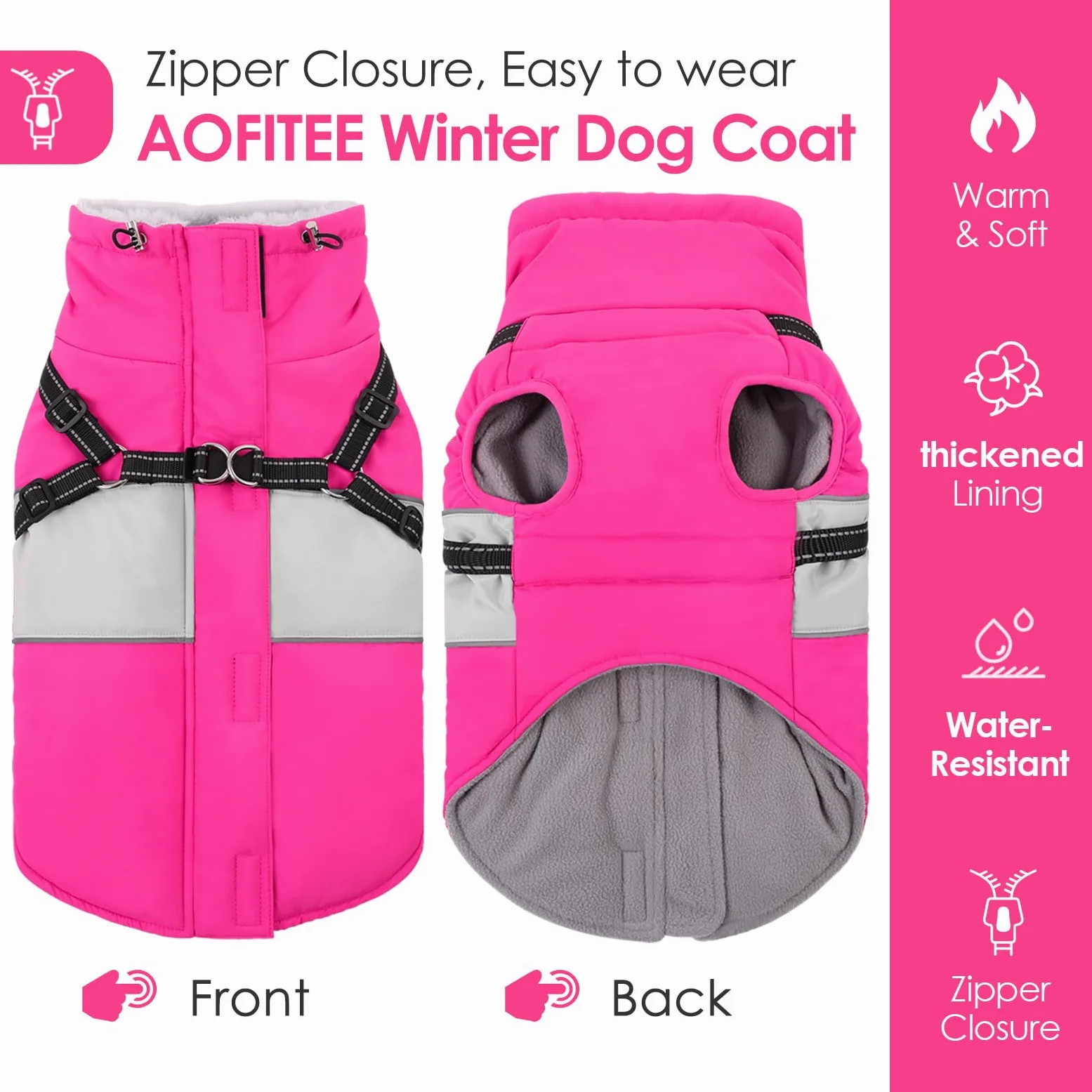 AOFITEE Abrigo para Perro pequeño, Abrigo de Invierno para Perro con arnés Integrado, Chaqueta cálida para Perros con Cremallera y Cuello de Forro Polar, Chaqueta de Nieve Impermeable para Mascotas