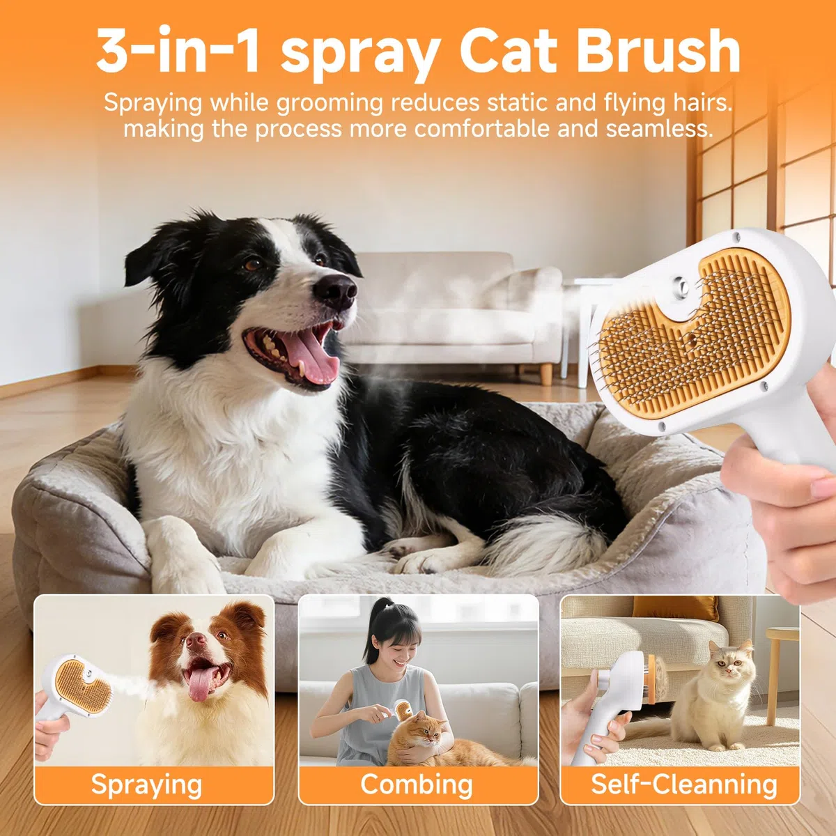 Cepillo de vapor para mascotas para perros y gatos, peine de depilación en aerosol 3 en 1, vapor para desprendimiento y aseo, cepillo de agua para mascotas de pelo largo y corto, peine Spritz Defur