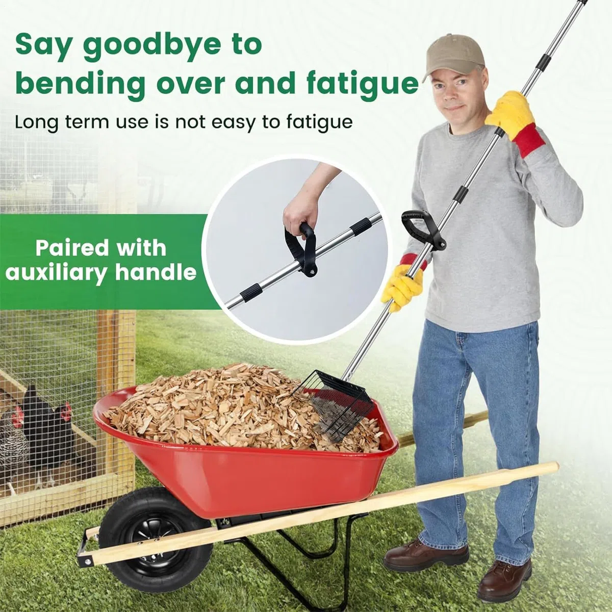 Pala higiénica para limpiar la arena del gallinero, pala higiénica para residuos animales domésticos – Herramienta ajustable en longitud y resistente para aves de corral, perros, conejos, exteriores