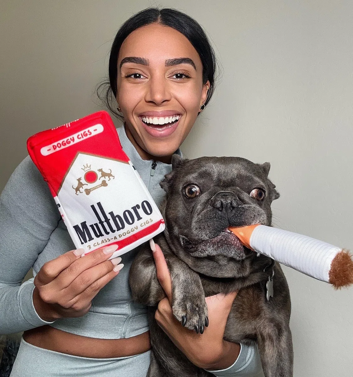 Nestpark Muttboro Doggy Cigs - Juguetes divertidos para perros, juguete interactivo de peluche parodia chirriante para perros, juguete interactivo para esconder golosinas para esconderse para