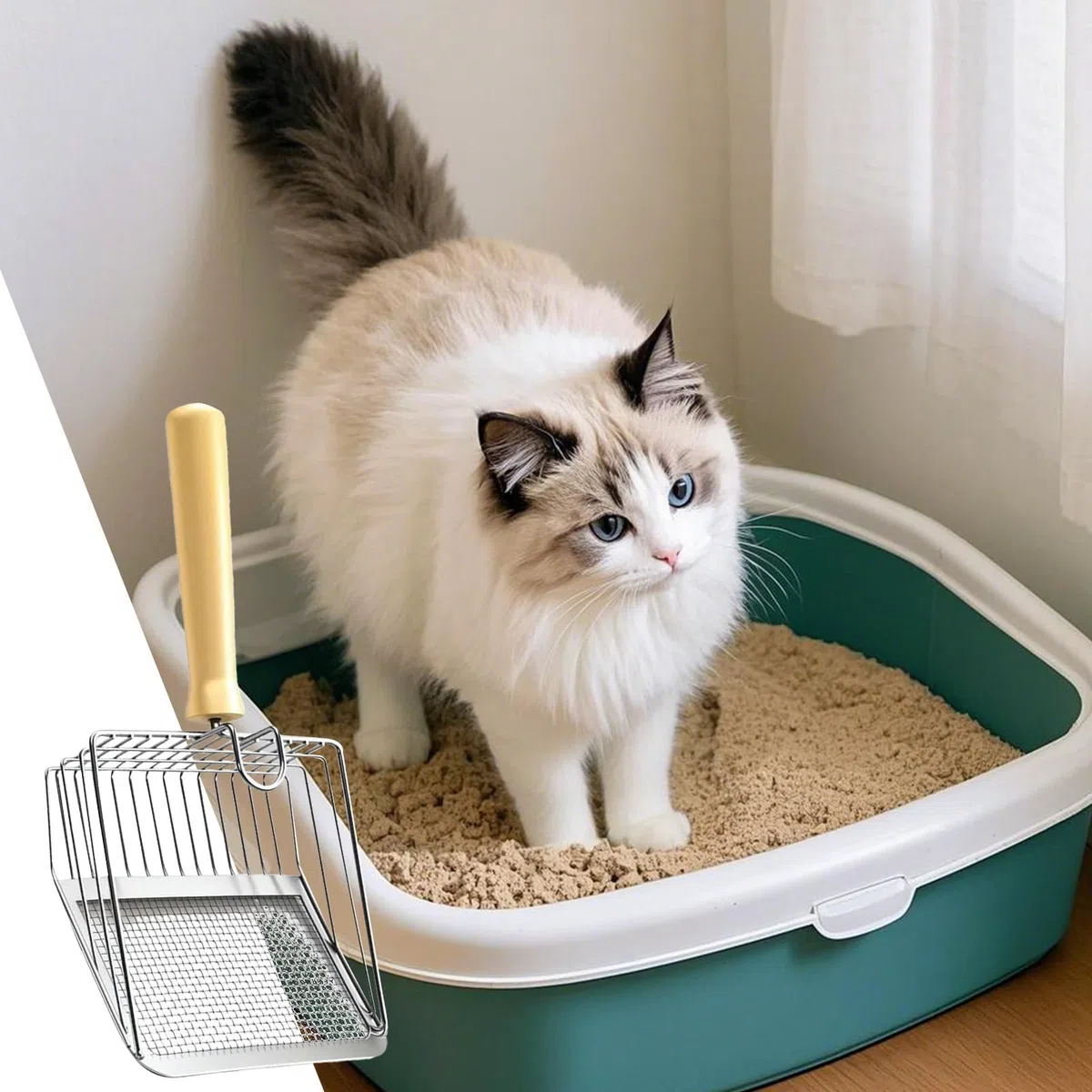 Pala para Arena de Gatos, Pala de Malla, Mango cómodo, Pala Acero Inoxidable for hogares con Varios Gatos, Animales pequeños gallinero(A)
