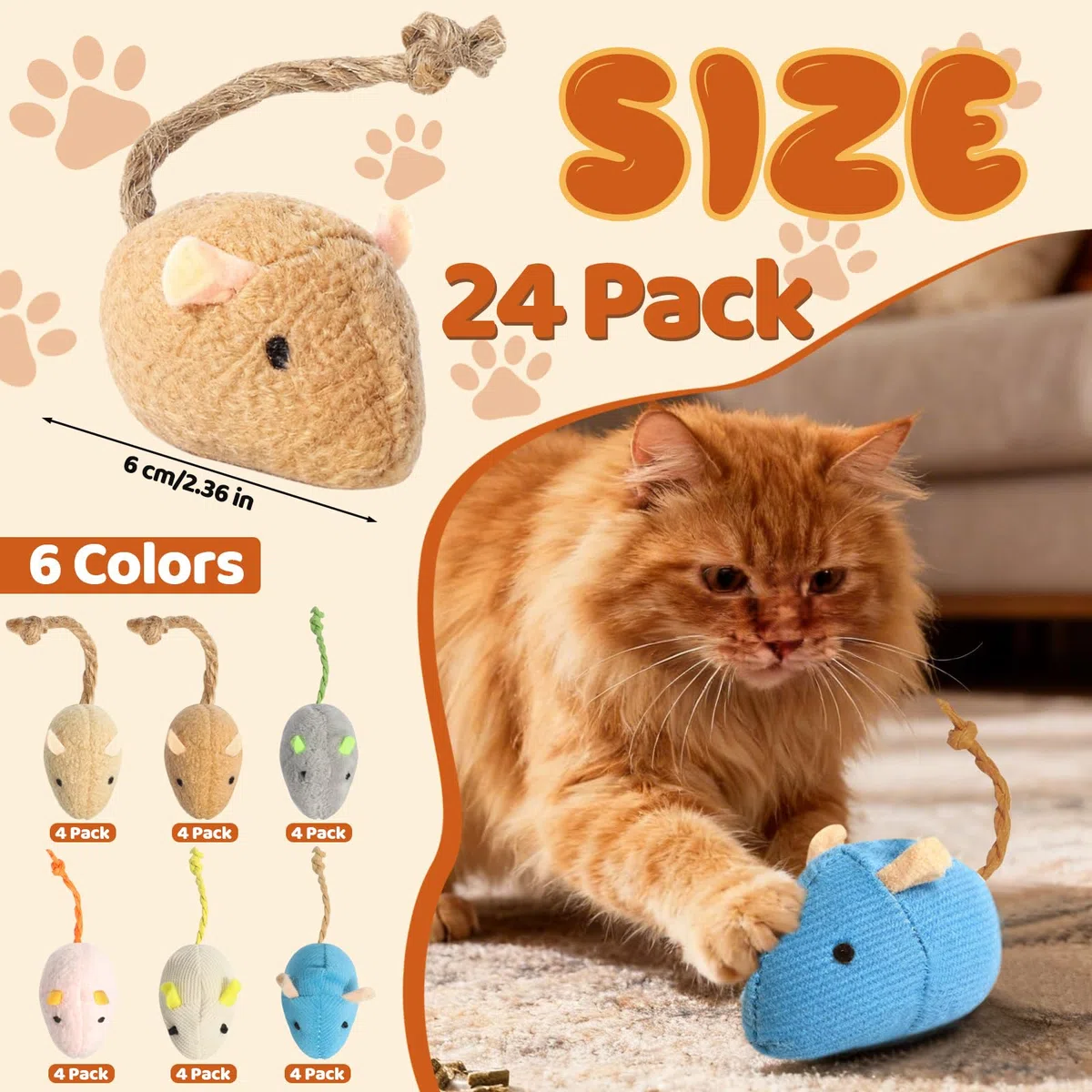 Paquete de 24 ratones coloridos de 2.36 pulgadas para gatos, juguetes interactivos de animales de hierba gatera de peluche con forma de ratón para gatos de interior